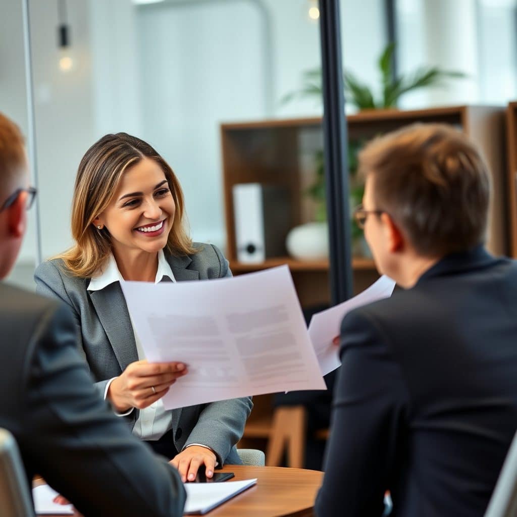 Lächelnde Frau berät einen Kunden bei einem Besprechungstermin im Büro
